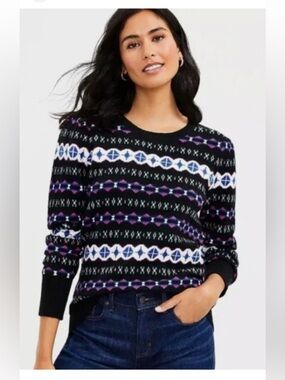 LOFT Fair Isle Sz Medium Multi Color Puff Sleeve Sweater Crewneck EUC